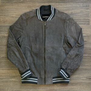Charcoal Gray Express Leather Suede Bomber Jacket